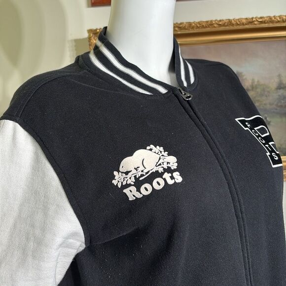 Roots Varsity Jacket Black & White Cotton Jersey Made in Canada - Picture 14 of 14